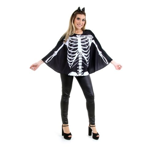 Fantasia Poncho Caveira Adulto e Infantil - Halloween