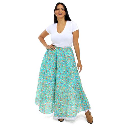 Saia Junina Carimbó Adulto e Infantil Longa Azul Floral com Renda