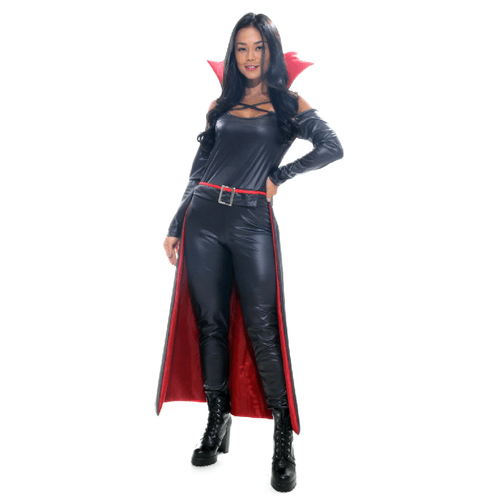 Fantasia Vampira Macacão Adulto e Infantil com Gola e Capa - Halloween