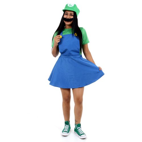 Fantasia Luigi Vestido Feminino Adulto e Infantil - Super Mario World